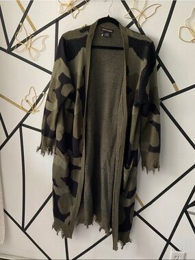 Distressed Olive Camo Open Knit Cardigan